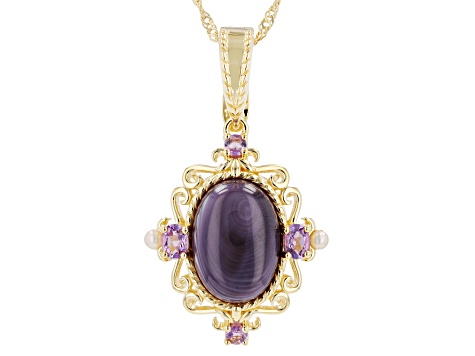 Purple Shell With Cultured Freshwater Pearl 18K Gold Over Silver Enhancer Pendant/Chain 14x10mm
