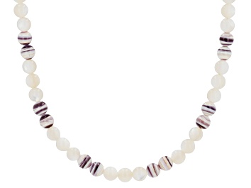 Picture of 6mm White Mother-of-Pearl & Purple Shell 18K Yellow Gold Over Sterling Silver Beaded Necklace