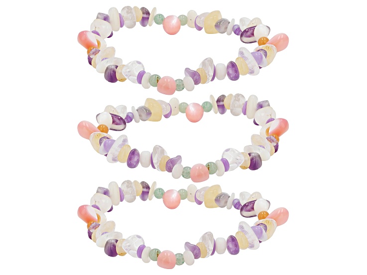 Pink & White Mother-Of-Pearl With Multi Gemstone 7.5 Inch Stretch Bracelet Set of 3