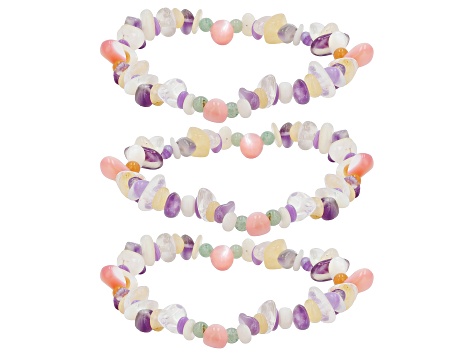Pink & White Mother-Of-Pearl With Multi Gemstone 7.5 Inch Stretch Bracelet Set of 3