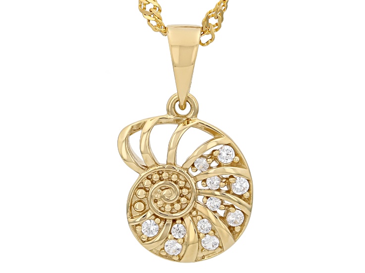 White Zircon 18K Yellow Gold Over Sterling Silver Shell Pendant With Chain 0.14ctw