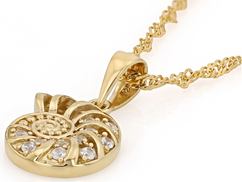 White Zircon 18K Yellow Gold Over Sterling Silver Shell Pendant With Chain 0.14ctw