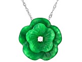 Green Jadeite with White Moissanite Rhodium over Sterling Silver Floral Pendant with Chain 0.09ctw