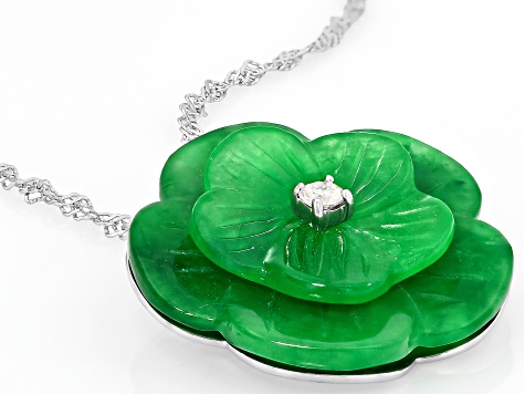 Green Jadeite with White Moissanite Rhodium over Sterling Silver Floral Pendant with Chain 0.09ctw