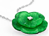 Green Jadeite with White Moissanite Rhodium over Sterling Silver Floral Pendant with Chain 0.09ctw