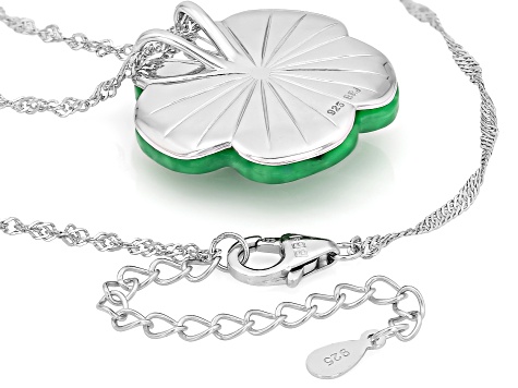 Green Jadeite with White Moissanite Rhodium over Sterling Silver Floral Pendant with Chain 0.09ctw