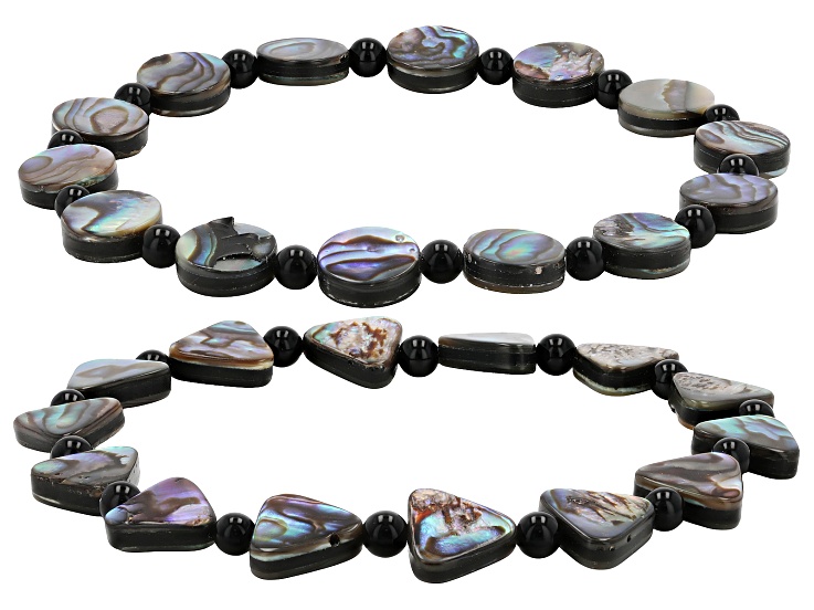 Multi Color Abalone Shell with Black Onyx Beaded Stretch Bracelet, 10mm, 4mm
