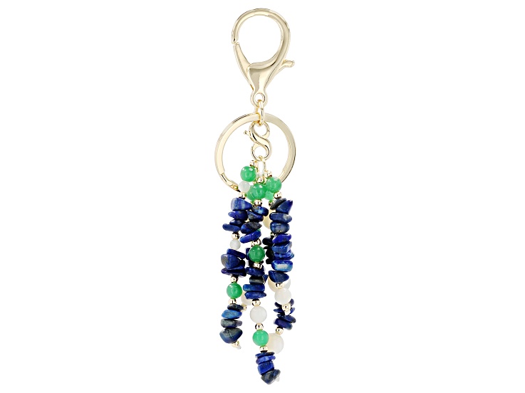 Green Jadeite with Mother-of-Pearl and Lapis Lazuli 18K Yellow Gold Plated Bag Charm, 6mm