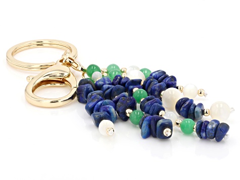Green Jadeite with Mother-of-Pearl and Lapis Lazuli 18K Yellow Gold Plated Bag Charm, 6mm