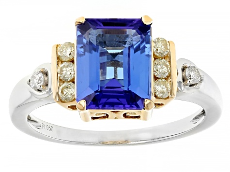 Tanzanite With Yellow And White Diamond18K Gold and Platinum Two Tone Ring 2.22ctw