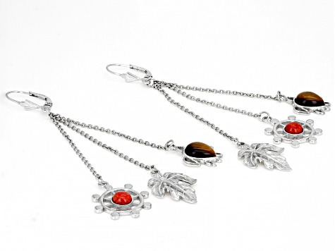 Brown Tigers Eye And Red Coral Rhodium Over Brass Drop Earrings