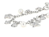 White Cultured Freshwater Pearl Rhodium Over Brass Charm Bracelet