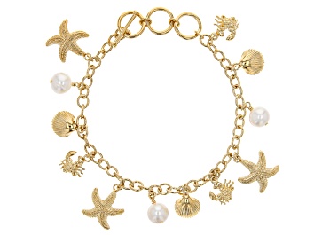 Picture of White Cultured Freshwater Pearl 18k Yellow Gold Over Brass Charm Bracelet