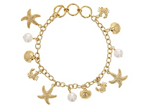 White Cultured Freshwater Pearl 18k Yellow Gold Over Brass Charm Bracelet