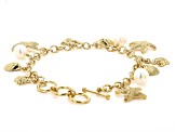 White Cultured Freshwater Pearl 18k Yellow Gold Over Brass Charm Bracelet