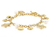 White Cultured Freshwater Pearl 18k Yellow Gold Over Brass Charm Bracelet