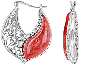 Red Sponge Coral With Swirl Design Rhodium Over Brass Earrings