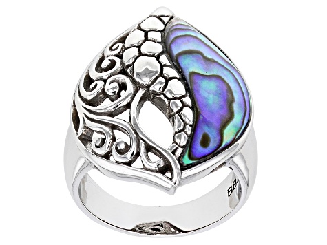 Multi Color Abalone Shell Rhodium Over Brass Ring