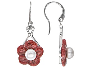 Red Coral and White Cultured Freshwater Pearl Sterling Silver Flower Earrings