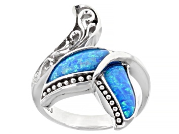 Picture of Blue Lab Created Opal Rhodium Over Silver Fin Ring