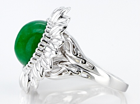 Round Green Jadeite Rhodium Over Sterling Silver Flower Ring