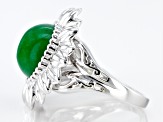 Round Green Jadeite Rhodium Over Sterling Silver Flower Ring