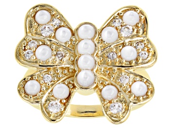 Picture of Mother-Of-Pearl & White Zircon 18K Yellow Gold Over Brass Butterfly Ring 0.38ctw