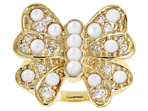 Mother-Of-Pearl & White Zircon 18K Yellow Gold Over Brass Butterfly Ring 0.38ctw