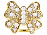 Mother-Of-Pearl & White Zircon 18K Yellow Gold Over Brass Butterfly Ring 0.38ctw