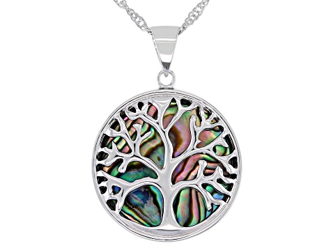 Multi-Color Abalone Shell Rhodium Over Brass Pendant With Chain