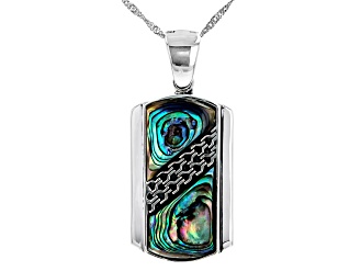 Multi Color Abalone Shell Rhodium Over Silver Dog Tag Enhancer with Chain