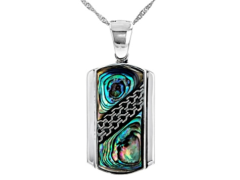 Multi Color Abalone Shell Rhodium Over Silver Dog Tag Enhancer with Chain