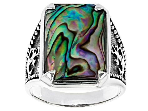 Abalone Shell Rhodium Over Silver Mens Ring