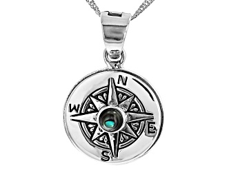 Multi Color Abalone Shell Rhodium Over Silver Mens Compass Enhancer With 18" Chain