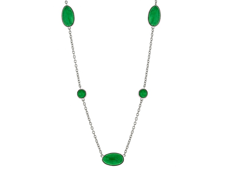 Jadeite Rhodium Over Sterling Silver Station Necklace, 17x10mm & 7mm