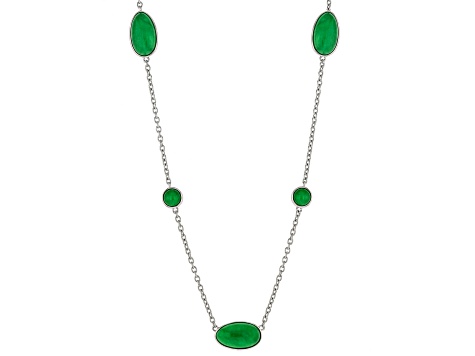 Jadeite Rhodium Over Sterling Silver Station Necklace, 17x10mm & 7mm
