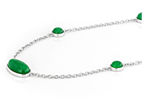 Jadeite Rhodium Over Sterling Silver Station Necklace, 17x10mm & 7mm