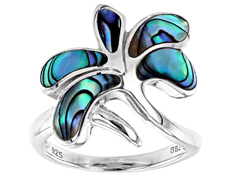 Multi-Color Abalone Shell Rhodium Over Silver Palm Tree Bypass Ring