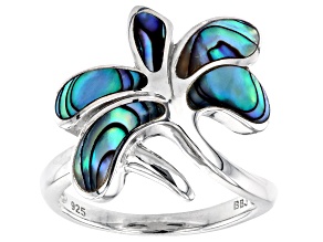 Multi-Color Abalone Shell Rhodium Over Silver Palm Tree Bypass Ring