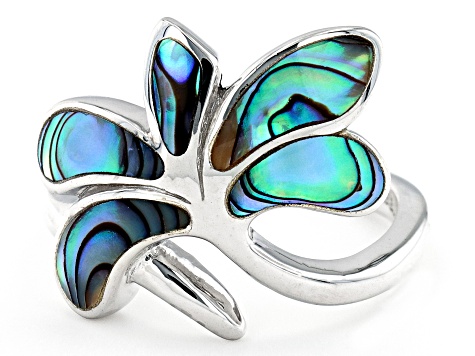 Multi-Color Abalone Shell Rhodium Over Silver Palm Tree Bypass Ring