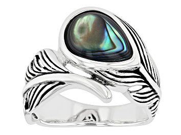 Picture of Multi-Color Abalone Shell Rhodium Over Silver Bypass Feather Ring