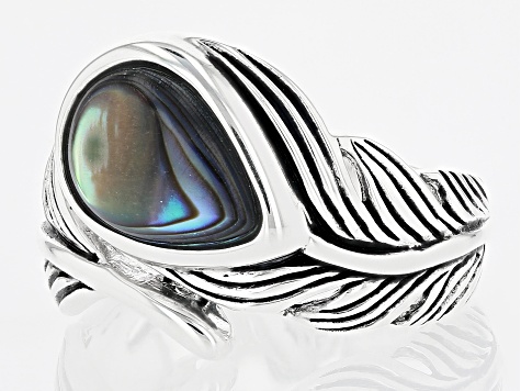 Multi-Color Abalone Shell Rhodium Over Silver Bypass Feather Ring