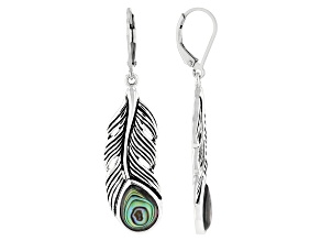 Multi-Color Abalone Shell Rhodium Over Silver Feather Dangle Earrings