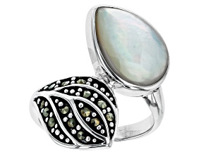 White Mother-of-Pearl & Marcasite Rhodium Over Silver Bypass Ring