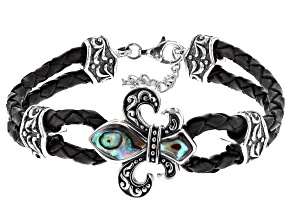 Multi-Color Abalone Shell Rhodium Over Silver & Leather Fleur-de-lis Mens Bracelet