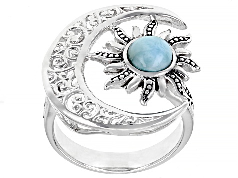 Blue Larimar Rhodium Over Sterling Silver Celestial Ring