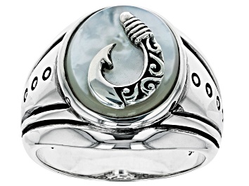 Picture of White Mother-of-Pearl Rhodium Over Silver Mens Anchor Ring