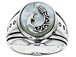 White Mother-of-Pearl Rhodium Over Silver Mens Anchor Ring