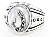 White Mother-of-Pearl Rhodium Over Silver Mens Anchor Ring