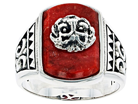 Red Sponge Coral Rhodium Over Silver Mens Lion Ring